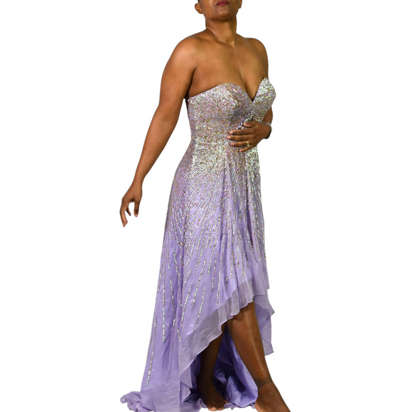 Sherri Hill Silk Dress Purple Sequin Sweetheart Hi Low Strapless Gown Formal 8 - Picture 10 of 16